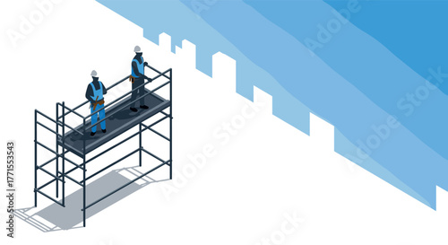 Construction workers on scaffolding in modern urban isometric design