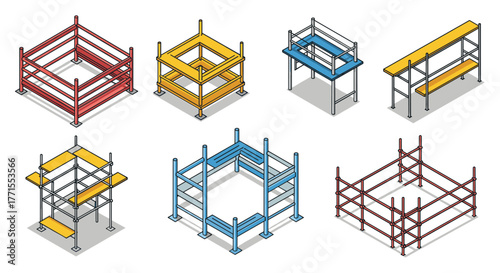 Isometric building scaffold set: construction elements in red, yellow, and blue