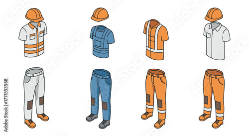 Isometric workwear set with hard hats and safety uniforms for construction