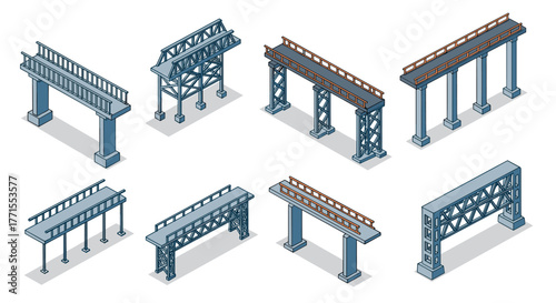 Isometric bridge supports set with metal railings and concrete pillars