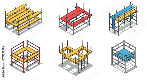 Isometric construction scaffolding design set with colorful platforms