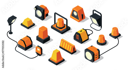 Isometric construction lamps and barriers set for road safety designs