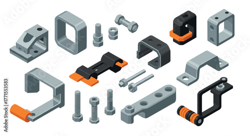 Isometric mechanical parts: nuts, bolts, brackets, connectors in industrial style