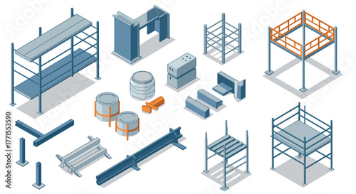 Isometric construction equipment set: scaffolding, beams, pipes in 3d style for building projects
