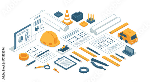 Isometric construction planning with tools and blueprints for architectural design