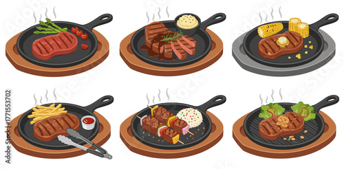 Set of delicious steak and vegetables with hot plate, flat design