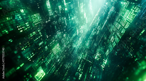 Futuristic technology background with green illuminated binary code matrix in perspective view, featuring depth of field and glowing blue tones