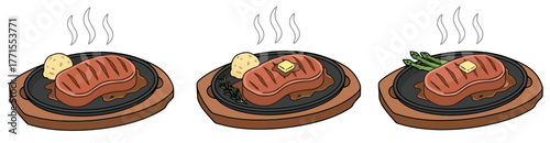 Set of delicious steak and vegetables with hot plate, flat design