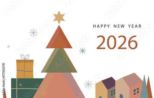 Modern minimalist vector illustration with geometric Christmas tree, houses, and gifts. Festive New Year 2026 greeting card in warm muted colors.
