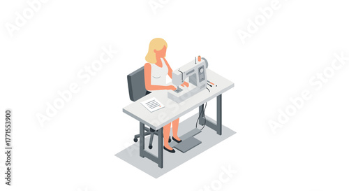 Fashion designer sewing at desk in isometric style