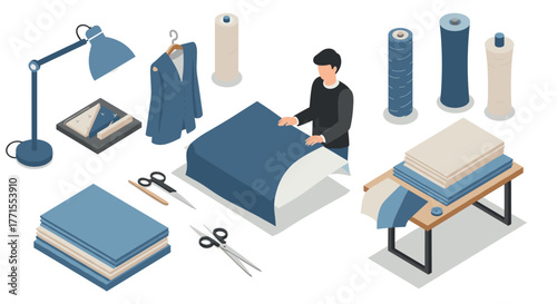 Isometric tailor workshop with sewing tools and fabric in modern design