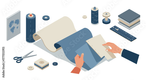 Sewing and tailoring supplies in isometric style for creative design projects