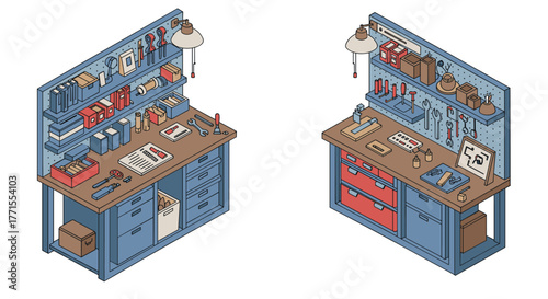 Isometric workshop benches with tools and storage in blue and red