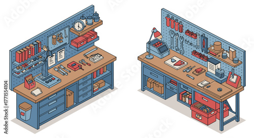 Isometric workshop desks with tools and equipment in detailed style