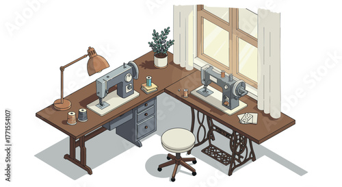 Sewing studio with vintage machines and modern decor in cozy workspace