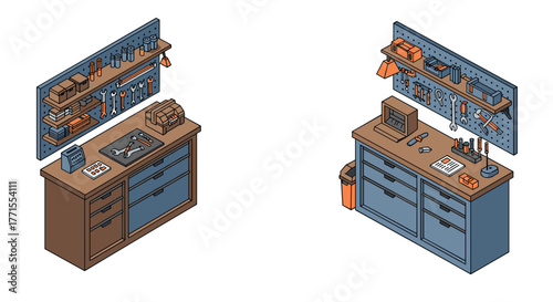 Isometric workbenches with tools and shelves in workshop setting