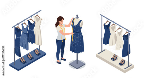 Fashion designer adjusting dress on mannequin in chic boutique setting