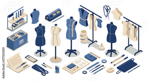 Modern isometric fashion design tools and dress forms in a creative workshop