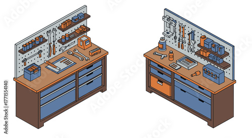 Organized workshop scene with tools and equipment on workbench in isometric style