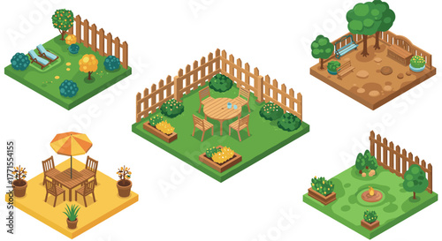 Sunny isometric garden designs with seating and fenced areas