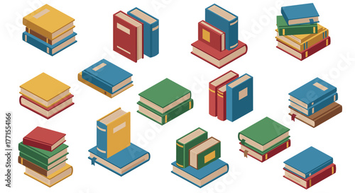 Colorful stacked books in isometric style on white background