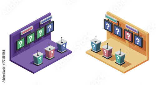 Colorful isometric trivia game display with question marks on screens