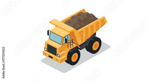 Isometric dump truck with load on white background