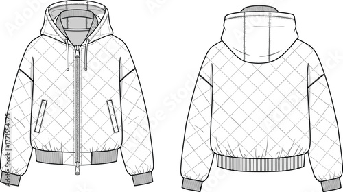 Quilted hooded jacket, technical fashion sketch, front and back view, zipper pockets, ribbed cuffs, vector template, winter outerwear, cad drawing flat vector illustration