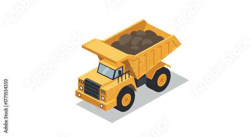 Isometric yellow dump truck with rocks on white background
