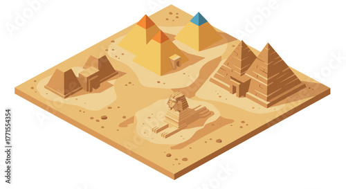 Isometric ancient egyptian landmarks with pyramids and sphinx on sand landscape