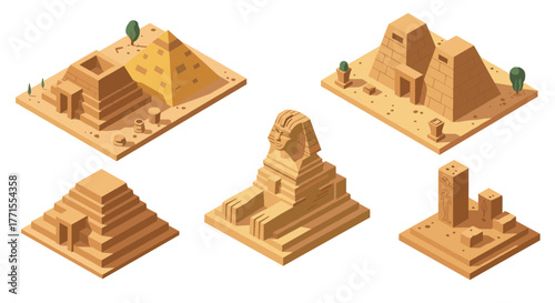 Isometric ancient egypt landmarks: pyramids and sphinx 3d designs