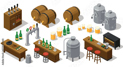 Isometric brewery elements featuring barrels, bar counters, and drink dispensers