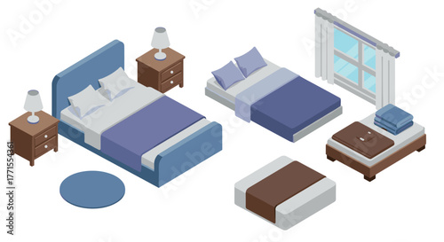 Isometric bedroom elements with beds, nightstands, and window in flat design