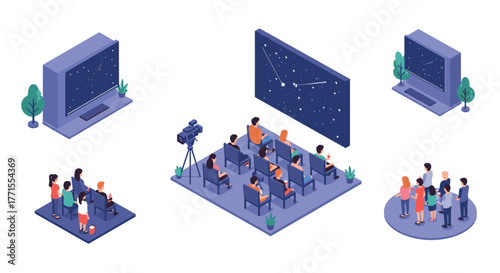 Isometric cinema experience with audience and projector in a modern setting