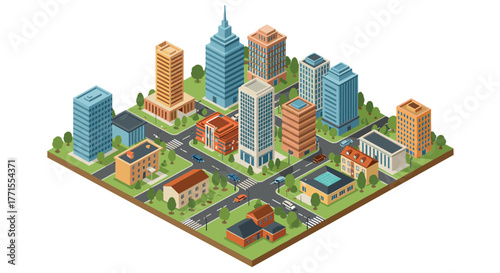 Modern isometric urban cityscape with diverse buildings and green spaces