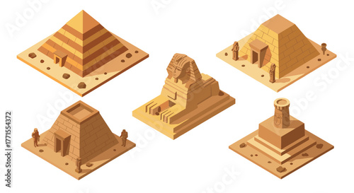 Isometric ancient egyptian monuments: pyramids and sphinx in 3d design