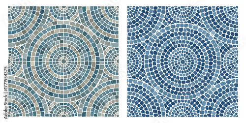 Seamless pattern blue Circular Mosaic. Decorative Antique Stone Ornament.
