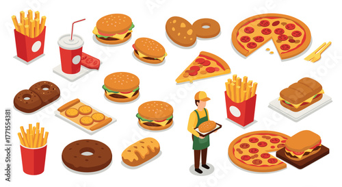 Isometric fast food set: burgers, pizza, fries, and more delights in vibrant design