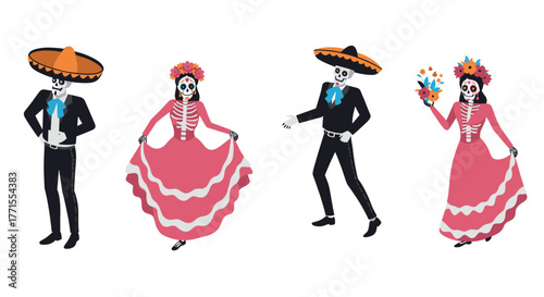 Colorful dia de los muertos characters celebrating in traditional mexican dress