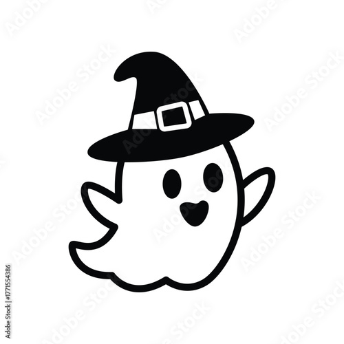 cute ghost halloween with witch hat icon vector design template