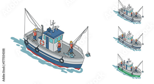Fishing boats in action: colorful isometric designs of a vibrant ocean scene