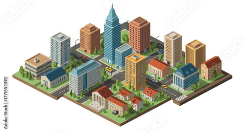 Isometric cityscape with modern buildings and streets in urban setting