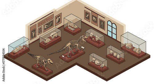 Isometric museum exhibit room with dinosaur and prehistoric skeletons