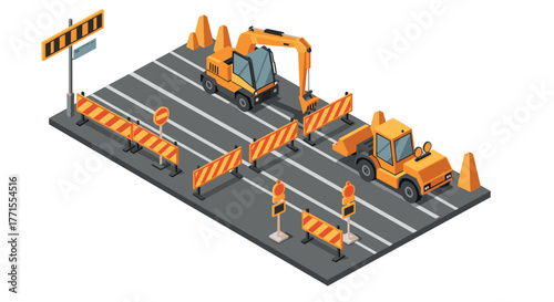 Road construction scene with machinery and safety barriers in isometric style