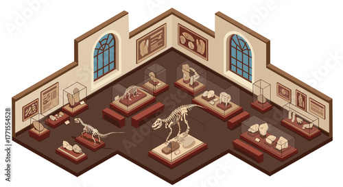Isometric fossil exhibit in a natural history museum room with dinosaur skeletons