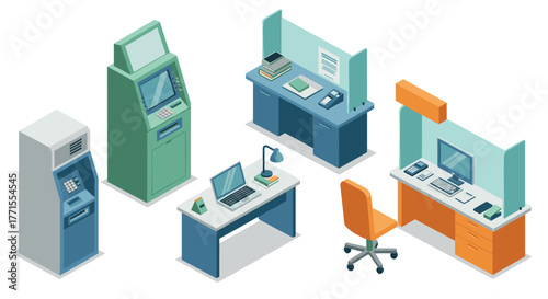 Isometric office workspace and atm designs with computers and furniture