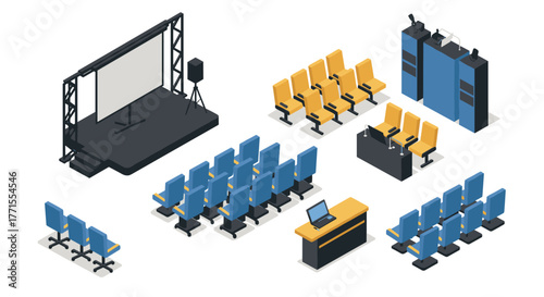 Isometric auditorium elements including stage, screens, and seating arrangements