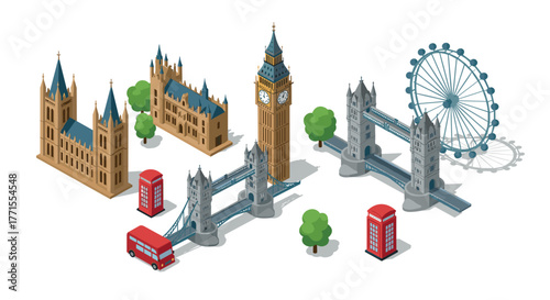 Isometric london landmarks featuring big ben and tower bridge