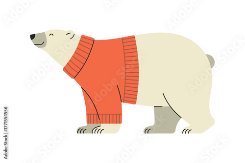 Illustration of a polar bear wearing an orange sweater on a white background