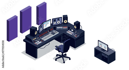 Modern isometric recording studio with audio equipment